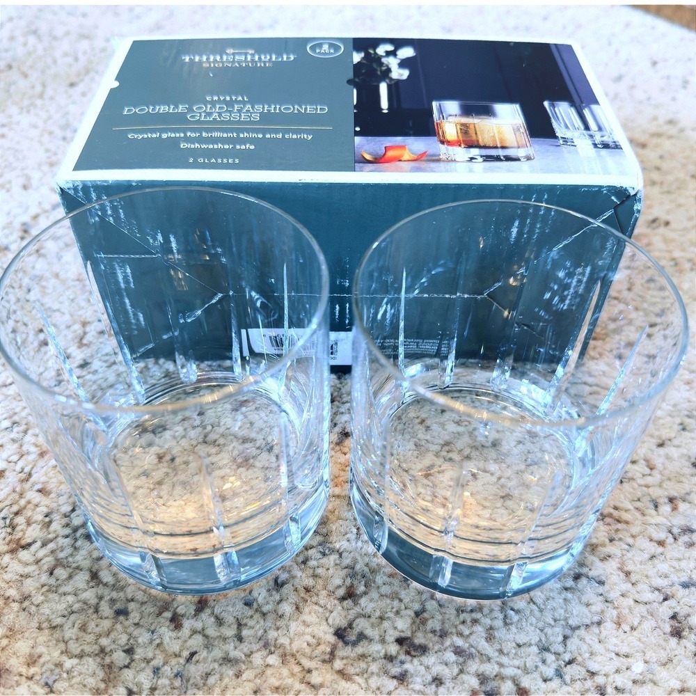 Threshold Signature Crystal Double Old-Fashioned Glasses Set 2 Clear Barware NIB